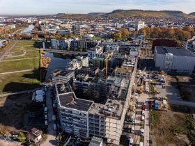 Neckarbogen, Neckarbogen Heilbronn, Luftbild Neckarbogen, Luftbild Heilbronn, Karlssee, Floßhafen, Stadtquartier Heilbronn
